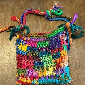 Red and Pink Crochet Crossbody Bag with Colorful Tassels
